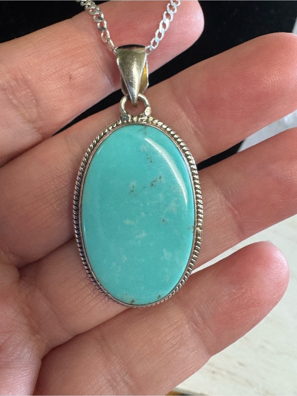 Sterling Silver Campitos Turquoise Oval Pendant  - Blue